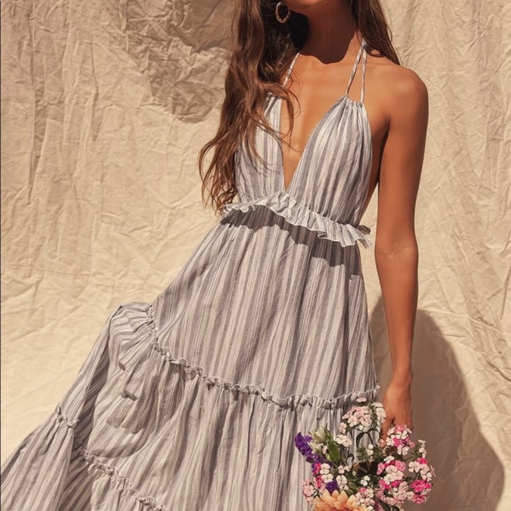Lulus Vacay Babe Grey Striped Halter Maxi Dress